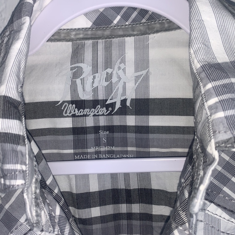 Rock 47 Wrangler Gray White Plaid Western Pearl Snap Shirt Long Sleeve Small - Picture 8 of 9